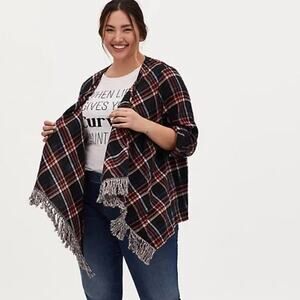 Torrid 0 Plaid Flannel Fringe Long Sleeve Kimono Large Blue Pink Teal